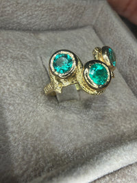 Three Colombian Emeralds Snake Ring 18 Ct Yellow Gold