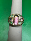 Watermelon Bi color Tourmaline Cocktail Ring with emeralds and sapphires in 14 K Gold