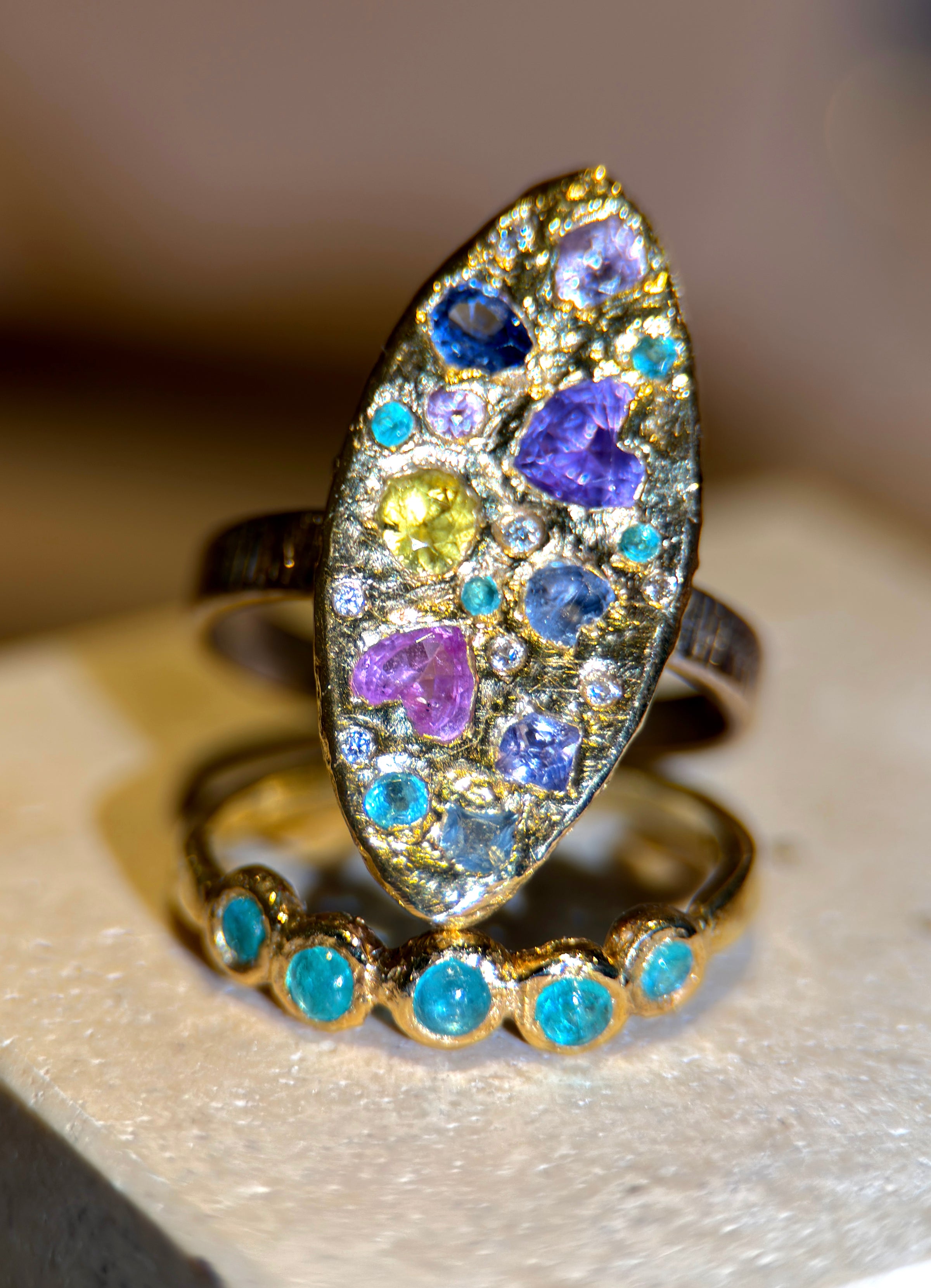 Marquise Pastel Abstract Cocktail of Joy Ring Sapphires, Paraibas, Diamonds 18 Ct Gold