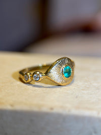 Colombian Emerald Eye Ring with Diamonds 18 Ct Yellow Gold (Available online and also to View in Person at Stardust, London 101 Walton Street)