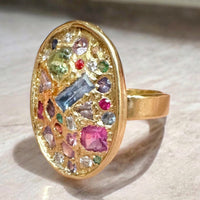 Sold Out - 18 Ct Gold Large Oval Geometric Abstract Art Cocktail Ring Sapphires & Diamonds