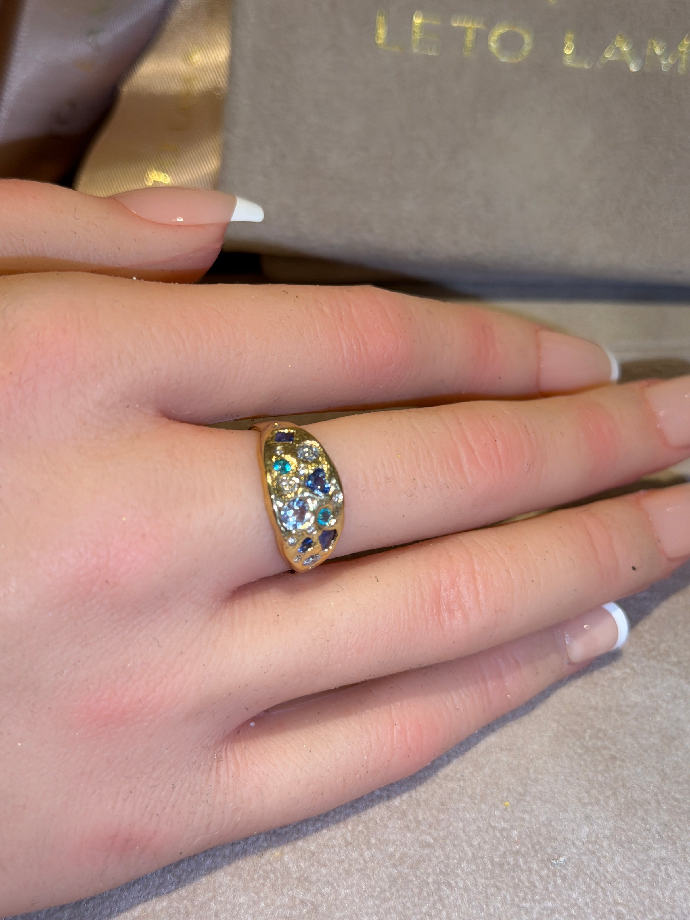 Abyss Sea Abstract Ring with Sapphires, Paraibas Tourmalines, Diamonds 18 Ct Gold