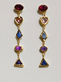 (Available at Tomfoolery) Cubism Mismatched Geometric Sapphires & Tourmaline Earrings 18 Ct Gold