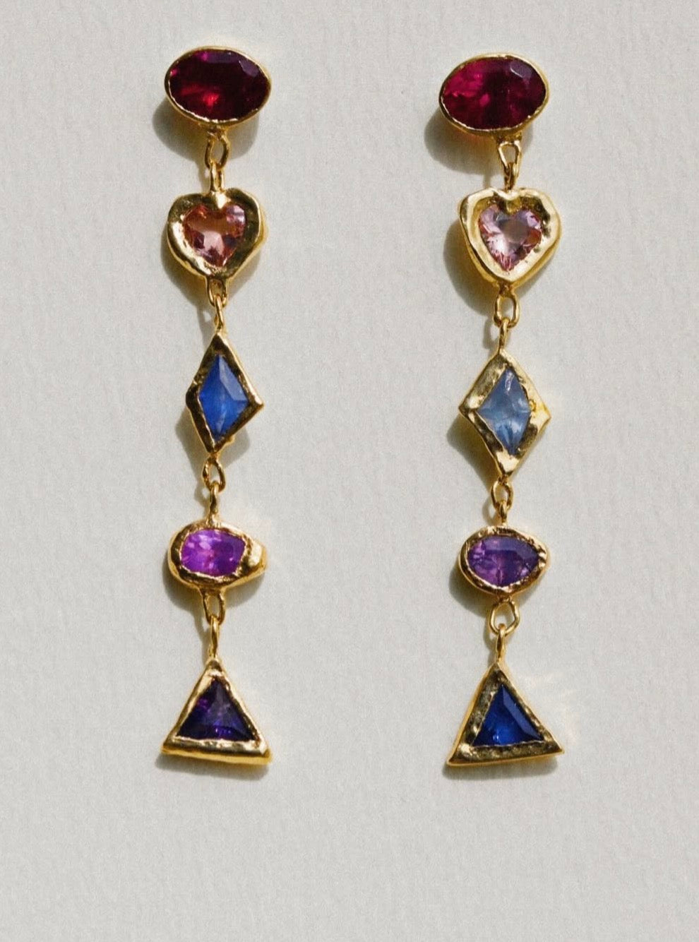 (Available at Tomfoolery) Cubism Mismatched Geometric Sapphires & Tourmaline Earrings 18 Ct Gold