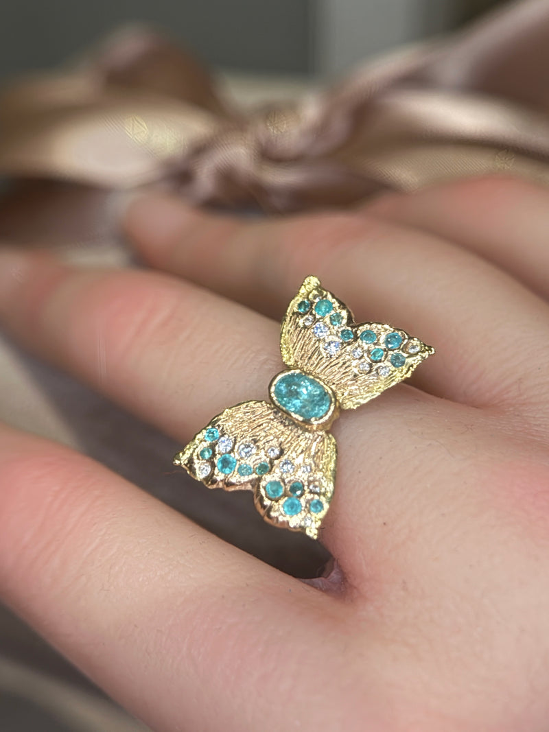Paraibas Tourmalines and Diamonds “Ocean Butterfly” 18 Ct Gold Ring