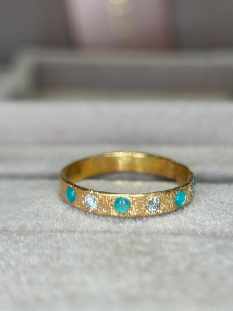 Brazilian Neon Blue Paraibas Tourmalines & Diamonds Ring Band 18 Ct Gold