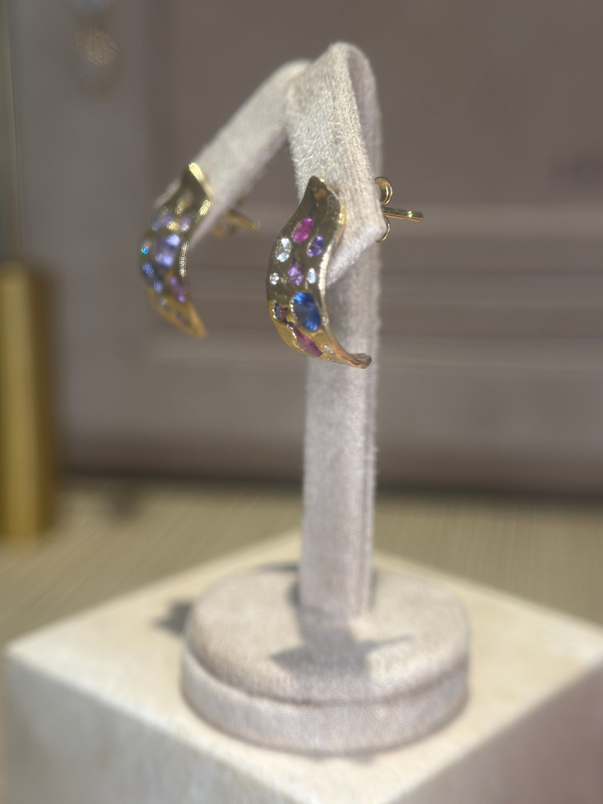 Abstract Art Semi Hoop Earrings with Sapphires in 18 Ct Gold (Available at Tomfoolery London)