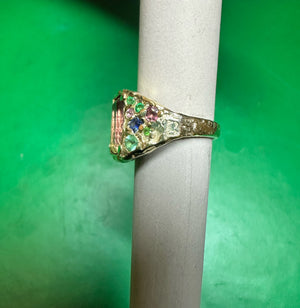 Watermelon Bi color Tourmaline Cocktail Ring with emeralds and sapphires in 14 K Gold