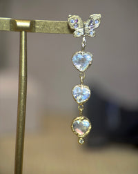 Butterfly Moonstone Heart Drop Earrings with Pastel Sapphires in 18 Ct Gold