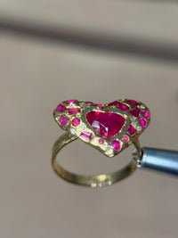 “Love you to Pieces” Ruby Heart, rubies baguettes, rounds and Diamonds 18 Ct Gold Ring