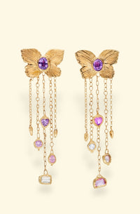 Butterfly Cuckoo Charm Earrings in 18 Ct Gold, Purple Oval Sapphires (Available at Tomfoolery London)