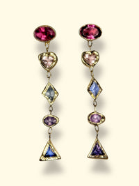 Cubism Mismatched Geometric Sapphires & Tourmaline Earrings 18 Ct Gold