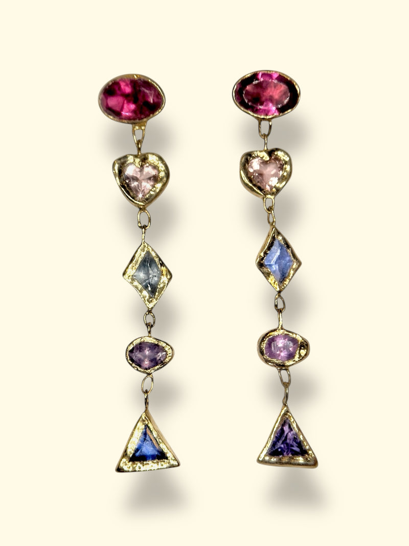 Cubism Mismatched Geometric Sapphires & Tourmaline Earrings 18 Ct Gold