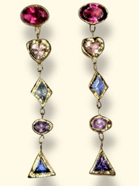 Cubism Mismatched Geometric Sapphires & Tourmaline Earrings 18 Ct Gold