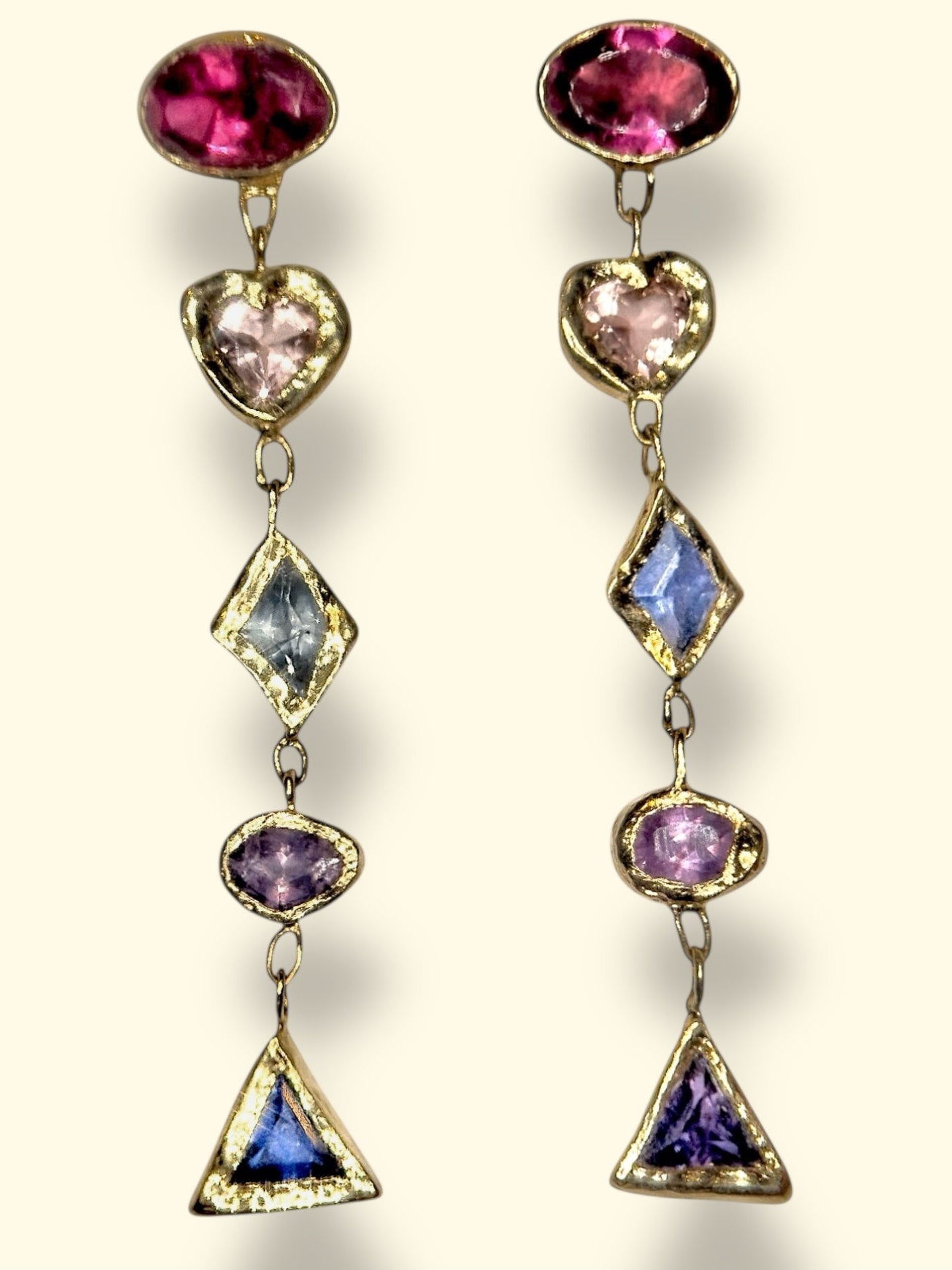 Cubism Mismatched Geometric Sapphires & Tourmaline Earrings 18 Ct Gold