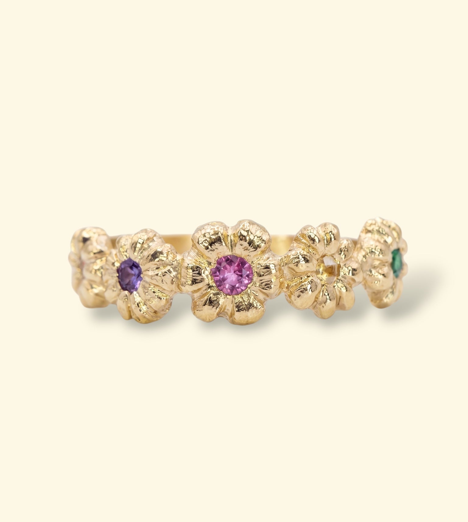 Microsculpted Flower Band Sapphires and Paraiba Tourmaline in 18 Ct Gold Ring (Available At Tomfoolery London)
