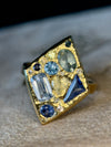 “Ultramarine” Lozenge Abstract Art Cocktail Ring Sapphires Diamonds Aquamarine 18 Ct Gold