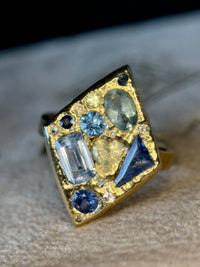 “Ultramarine” Lozenge Abstract Art Cocktail Ring Sapphires Diamonds Aquamarine 18 Ct Gold