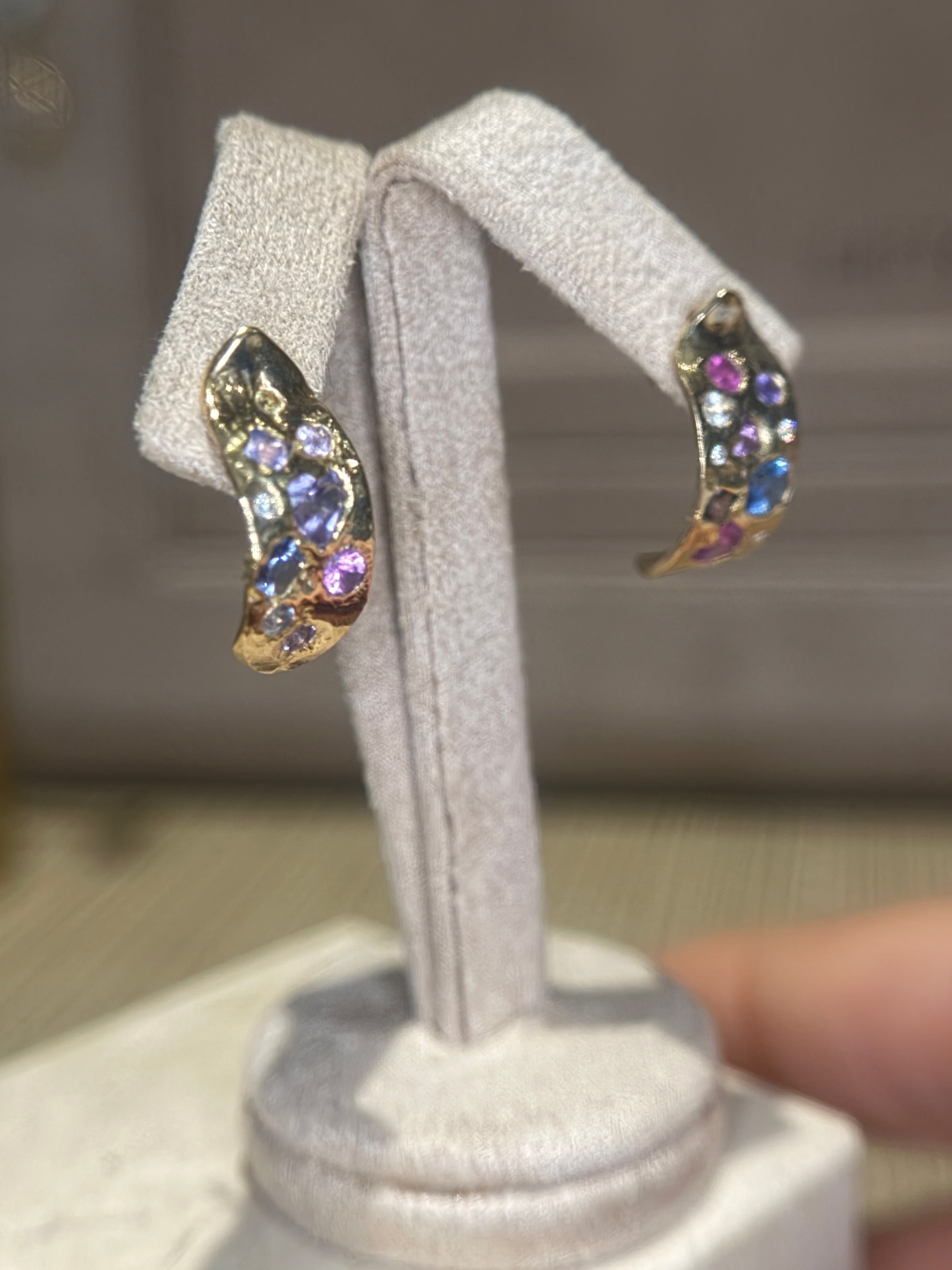 Abstract Art Semi Hoop Earrings with Sapphires in 18 Ct Gold (Available at Tomfoolery London)