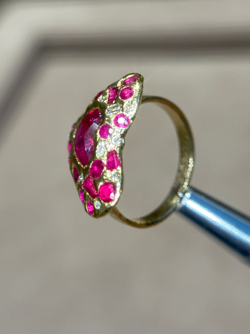 “Love you to Pieces” Ruby Heart, rubies baguettes, rounds and Diamonds 18 Ct Gold Ring