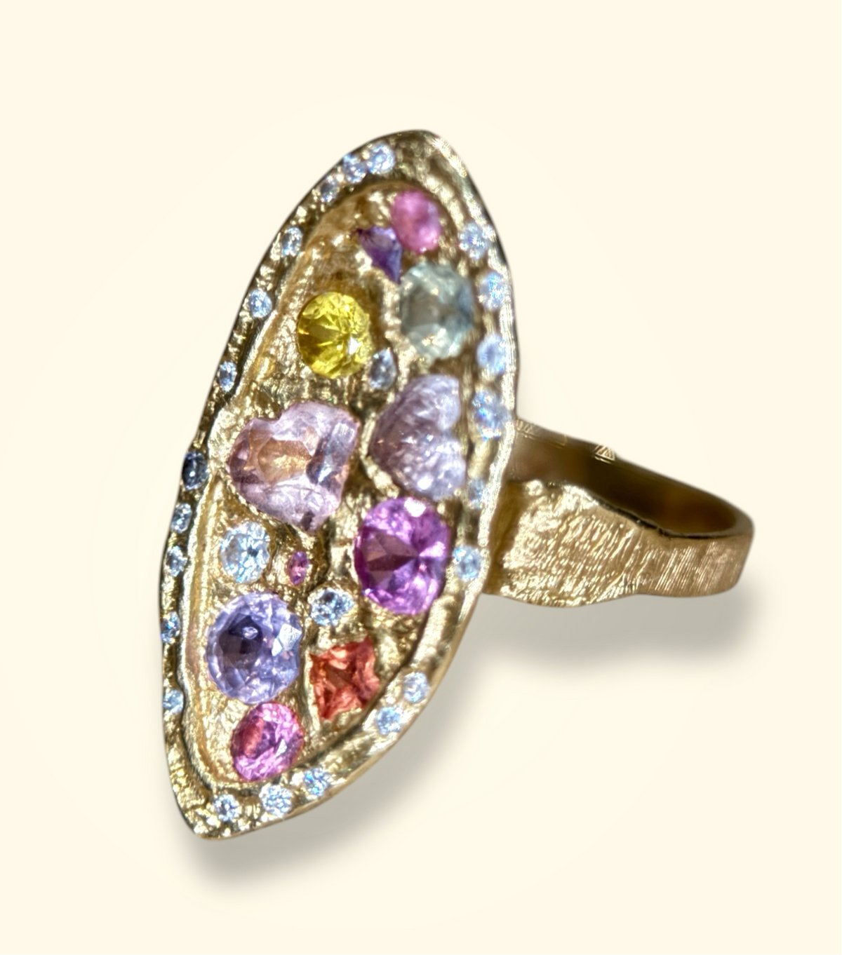 Marquise Cocktail Ring Geometric Abstract Art Sapphires with Diamonds 18 Ct Gold