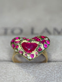 “Love you to Pieces” Ruby Heart, rubies baguettes, rounds and Diamonds 18 Ct Gold Ring