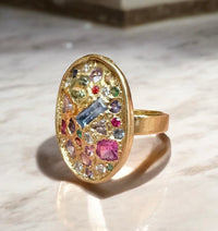 18 Ct Gold Large Oval Geometric Abstract Art Cocktail Ring Sapphires & Diamonds