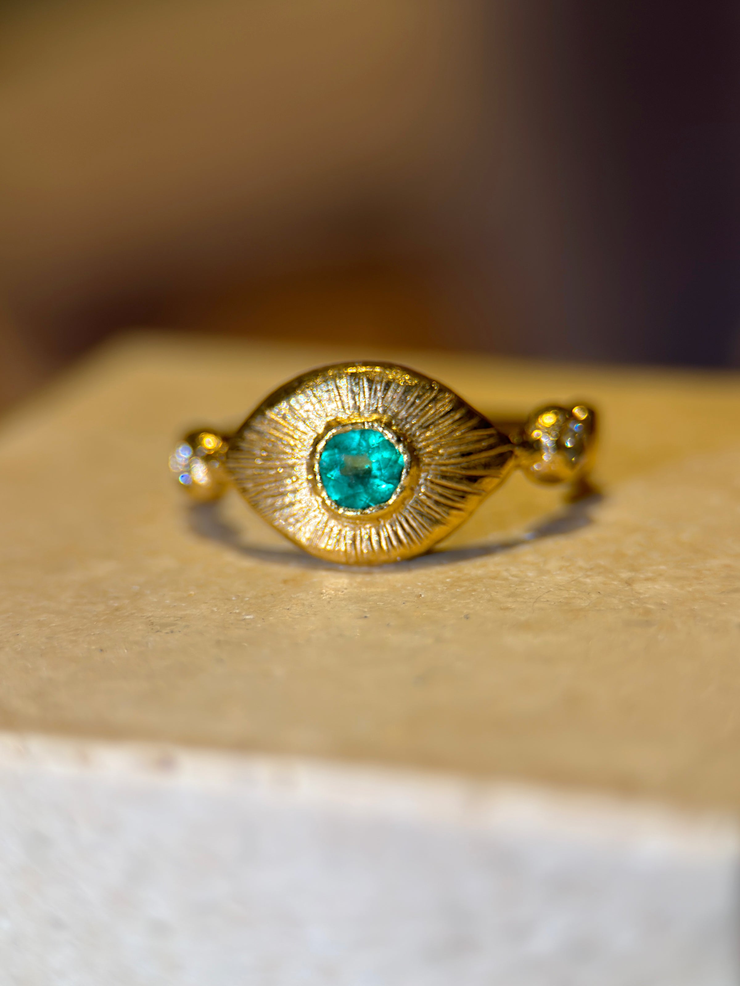 Colombian Emerald Eye Ring with Diamonds 18 Ct Yellow Gold (Available online and also to View in Person at Stardust, London 101 Walton Street)