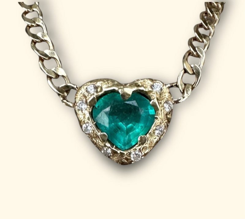 18 Ct Gold Emerald heart and choker with diamonds on a cuban link chain