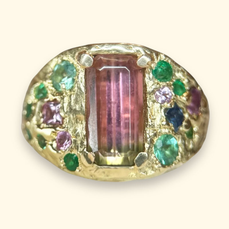 Watermelon Bi color Tourmaline Cocktail Ring with emeralds and sapphires in 14 Ct Gold (Exclusive to Tomfoolery London)