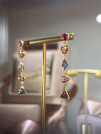 Cubism Mismatched Geometric Sapphires & Tourmaline Earrings 18 Ct Gold