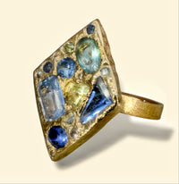 “Ultramarine” Lozenge Abstract Art Cocktail Ring Sapphires Diamonds Aquamarine 18 Ct Gold