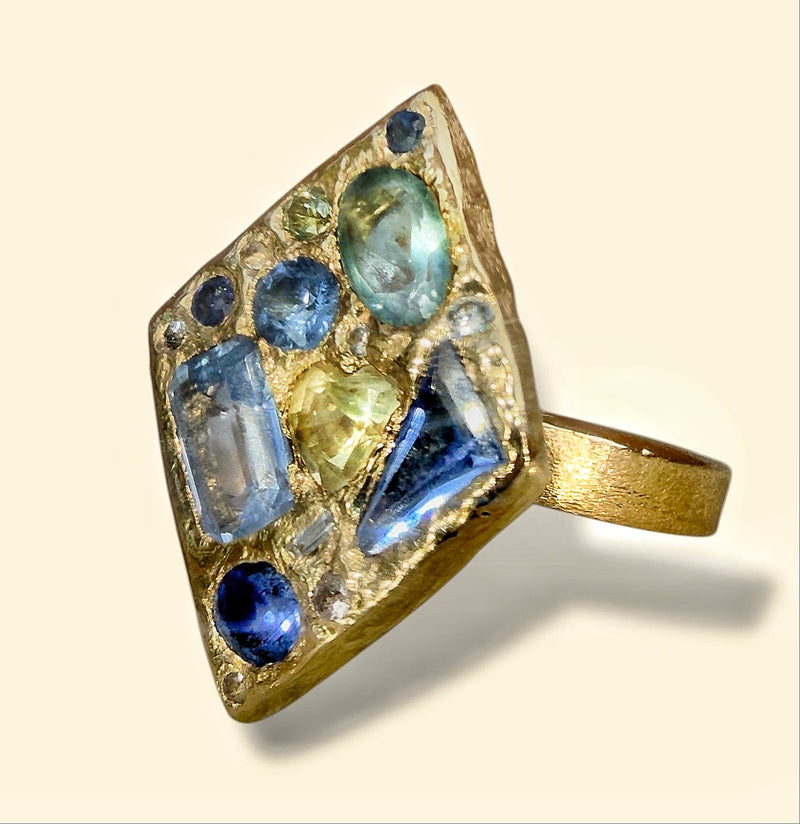 “Ultramarine” Lozenge Abstract Art Cocktail Ring Sapphires Diamonds Aquamarine 18 Ct Gold