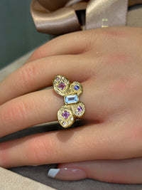 Pastel Butterfly Queen Sapphires and Diamonds Cocktail Ring 18 Ct Gold