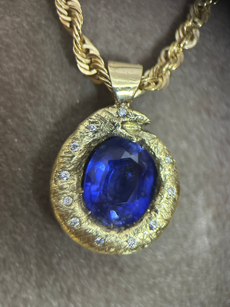 Ouroboros Blue Sapphire with Diamonds necklace in 14K Gold