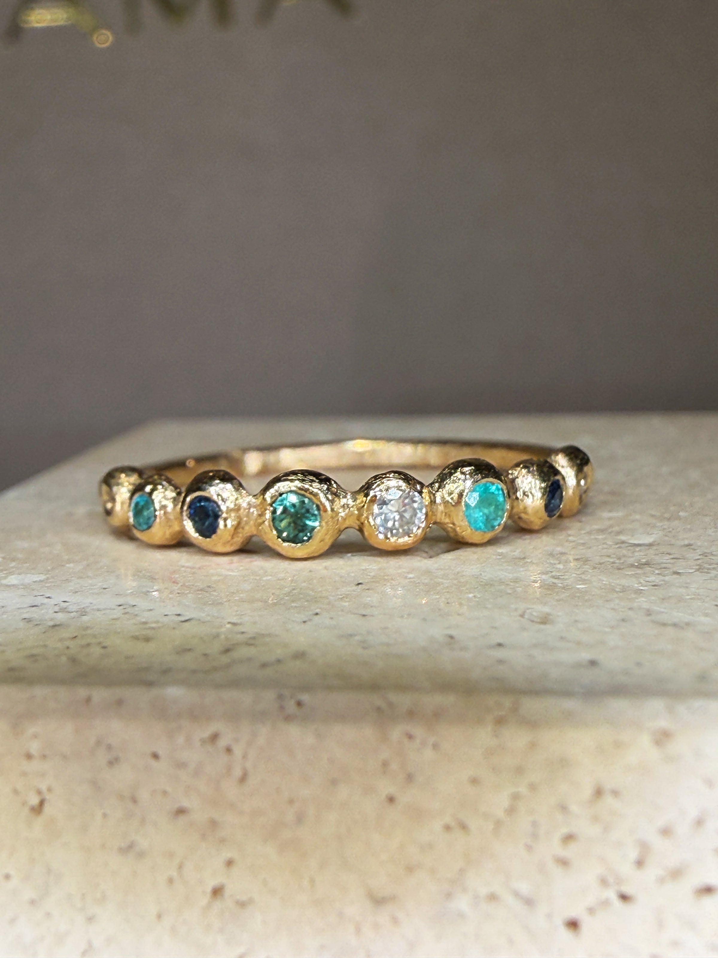 Ocean Bubbles Ring Band Sapphires Paraibas Emerald and Diamonds in 18 Ct Gold