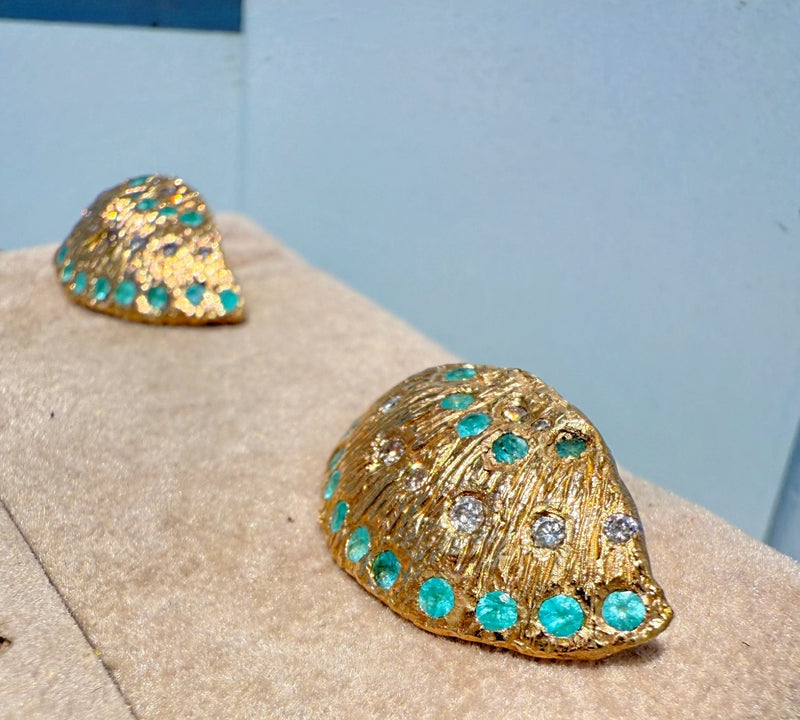 Brazilian Neon Blue Paraiba Tourmaline Large Shell Stud Earrings with Diamonds