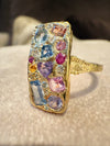 “Kaleidoscope” Rectangular Abstract Art 18Ct Gold Cocktail Ring with Sapphires and Diamonds