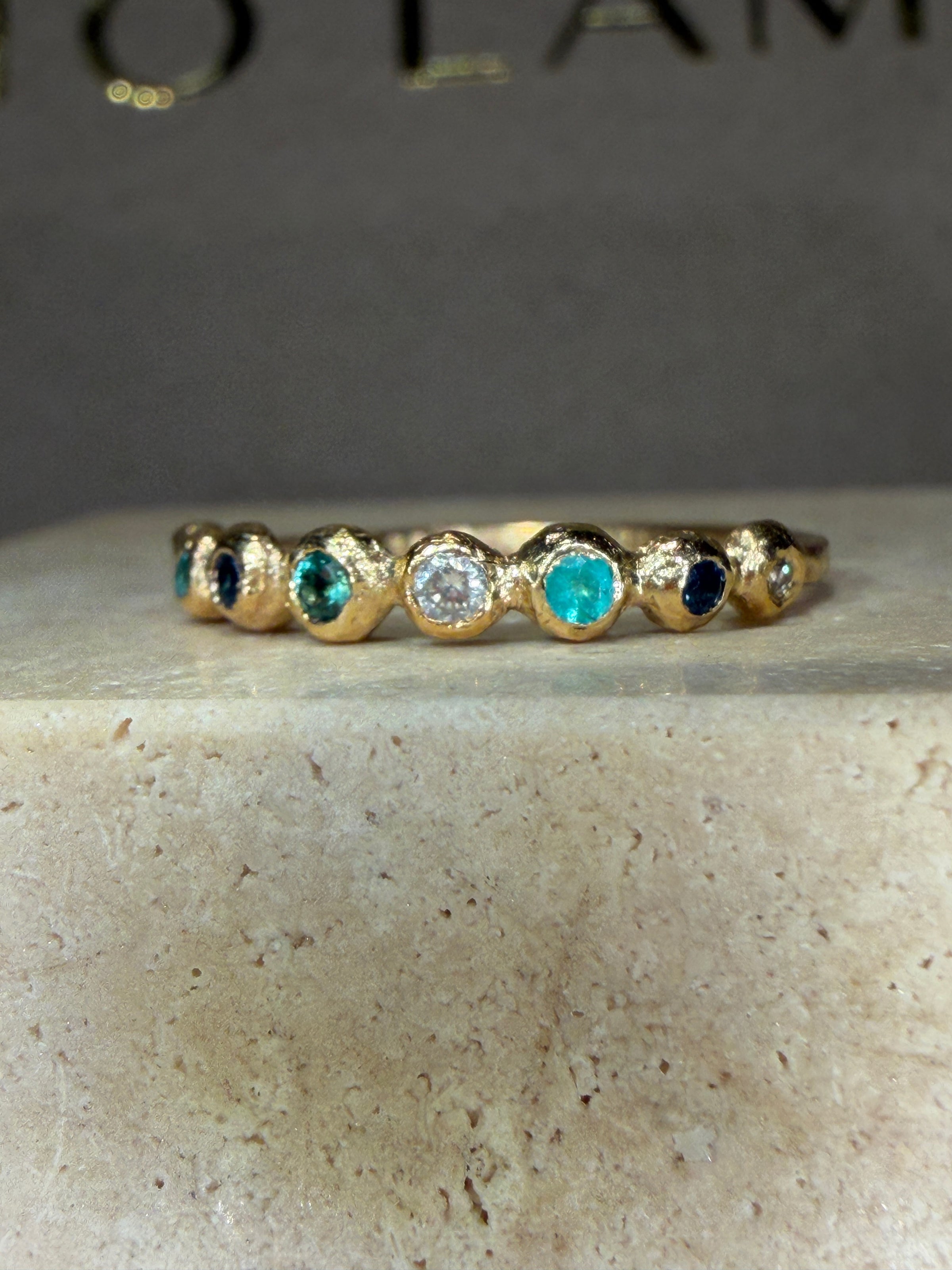 Ocean Bubbles Ring Band Sapphires Paraibas Emerald and Diamonds in 18 Ct Gold