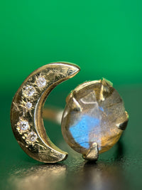 Starry Night Moon Crescent Ring with Diamonds and a Labradorite 14 K Gold