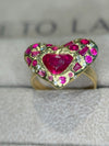 “Love you to Pieces” Ruby Heart, rubies baguettes, rounds and Diamonds 18 Ct Gold Ring