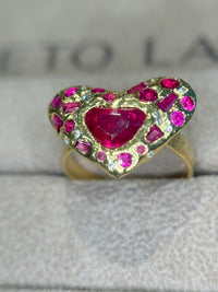 “Love you to Pieces” Ruby Heart, rubies baguettes, rounds and Diamonds 18 Ct Gold Ring