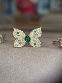 Emerald Butterfly Ring with White and Blue Diamonds 18 Ct Gold