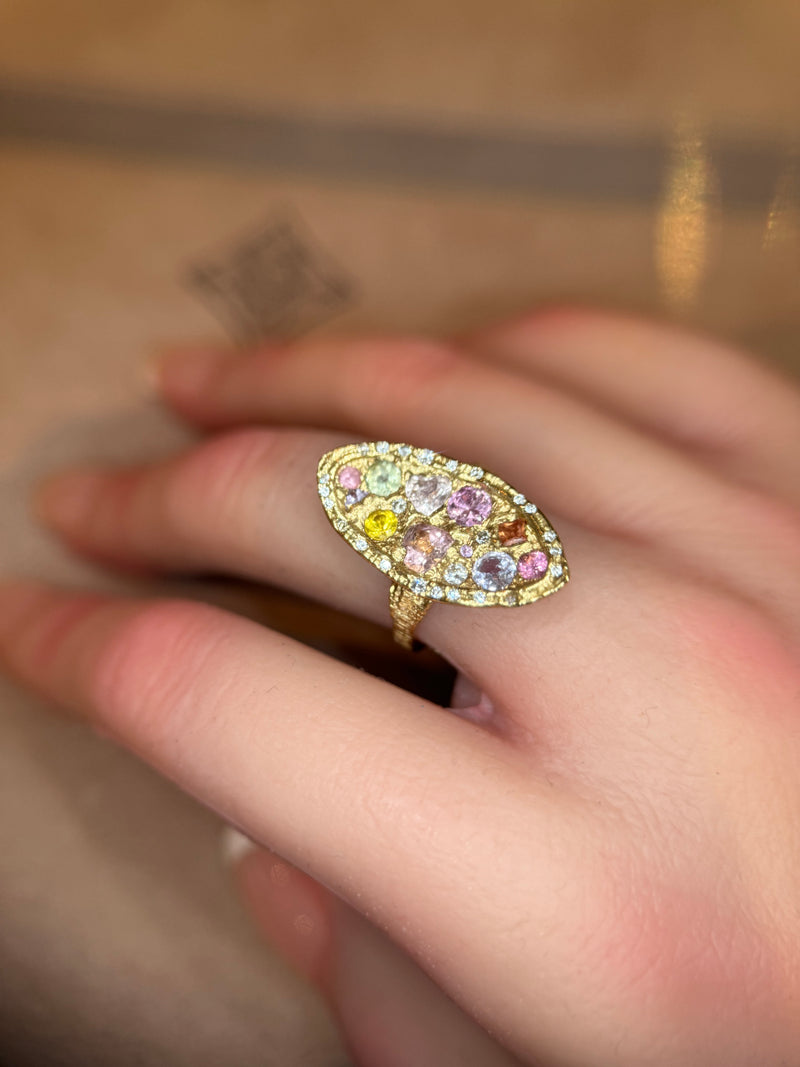 Marquise Cocktail Ring Geometric Abstract Art Sapphires with Diamonds 18 Ct Gold