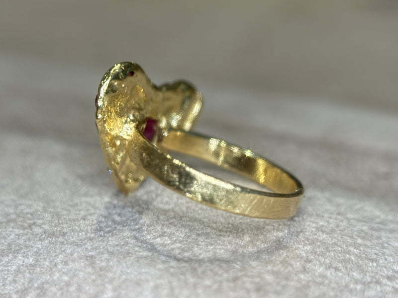 “Love you to Pieces” Ruby Heart, rubies baguettes, rounds and Diamonds 18 Ct Gold Ring