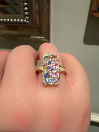 “Kaleidoscope” Rectangular Abstract Art 18Ct Gold Cocktail Ring with Sapphires and Diamonds