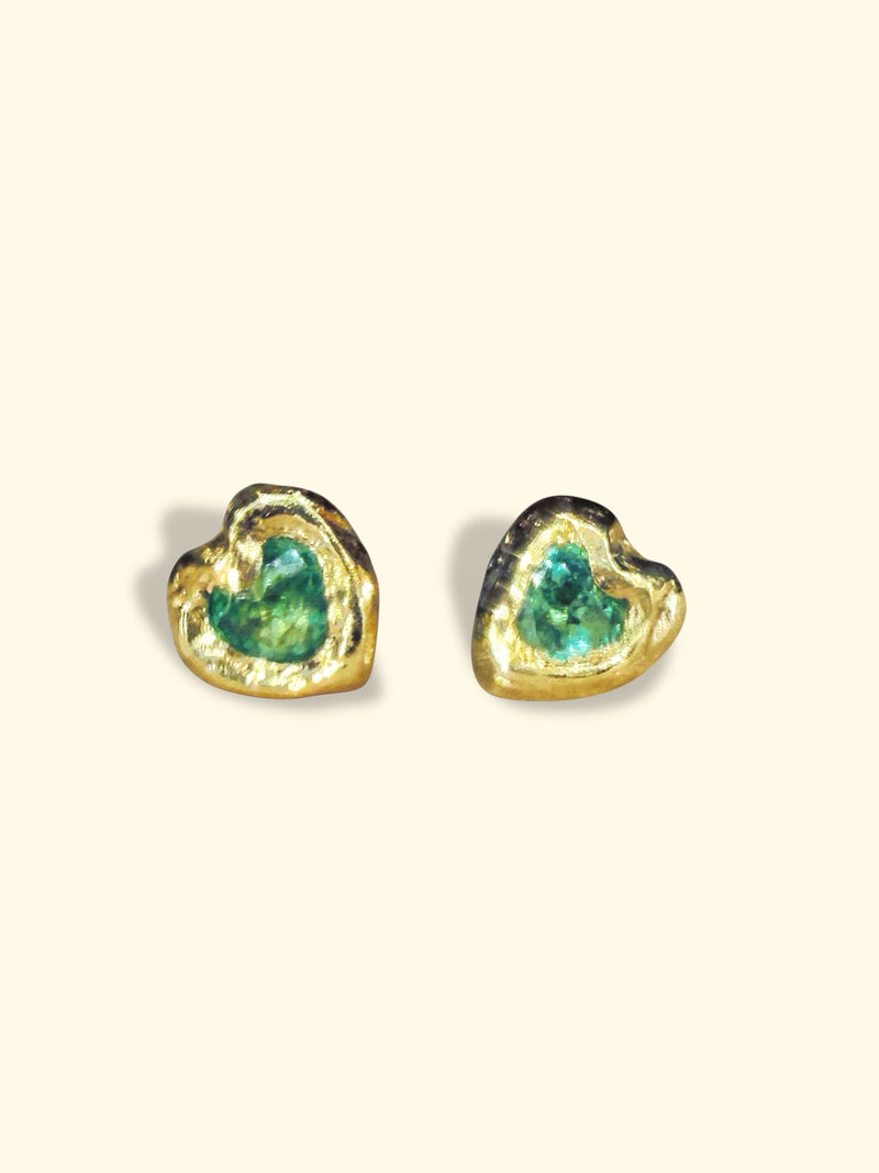 Bezel Set Wobbly Baby Mini Emerald Heart Studs 18 Ct Gold (Pair)