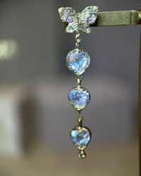 Butterfly Moonstone Heart Drop Earrings with Pastel Sapphires in 18 Ct Gold