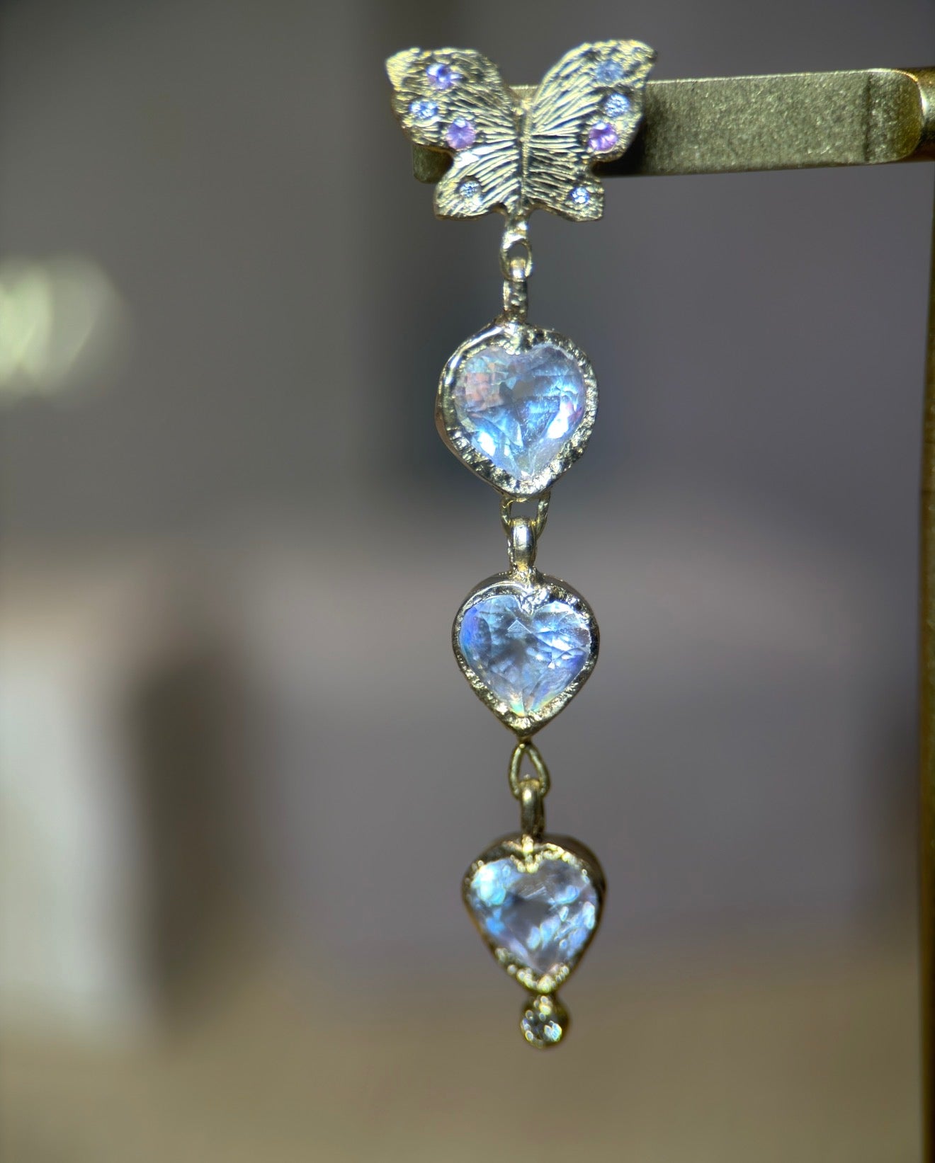 Butterfly Moonstone Heart Drop Earrings with Pastel Sapphires in 18 Ct Gold