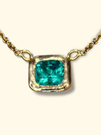 SOLD - One Of A Kind Stunning Vivacious Green Emerald Bezel Set Necklace Emerald Cut 18 Ct Gold